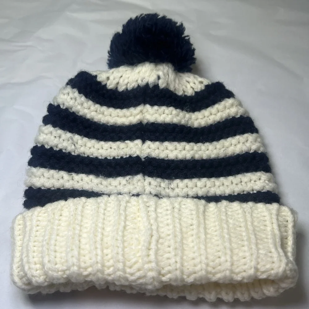 Starting Out Size Infant Beanie‎ Hat Blue White Faux Fur Pom Pom Baby Boy Winter